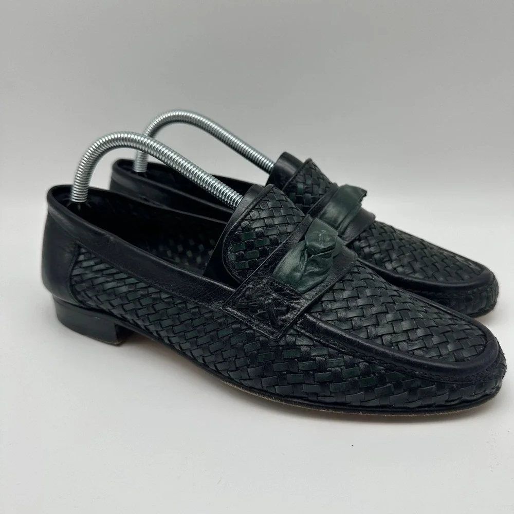 DANIELE FERRADINI Italian Soft Leather Loafers - Black Green Weave - Mens Size 9